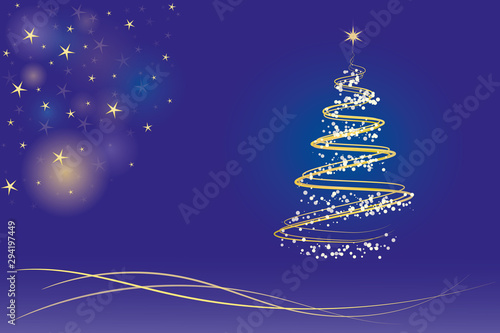 christmas tree background with gold colored stars on blue