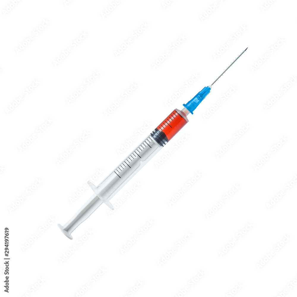 Medical Syringe with Needle and Red Liquid Vaccine Medicine Isolated on White Background Medical Syringe with Needle and Red Liquid Vaccine Medicine Isolated on White Background