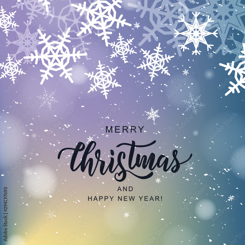 Merry Christmas hand lettering on blur background with snowflakes. Typography for Christmas and winter holidays greeting card, invitation, banner, postcard, web, poster template. Vector.