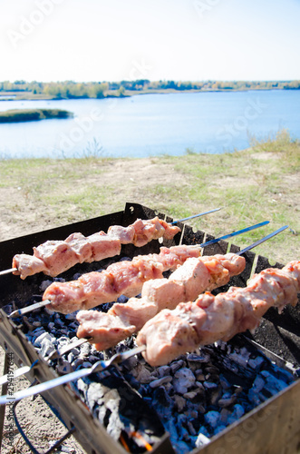 barbecue on the lake on skewers and barbecue with coals and smoke