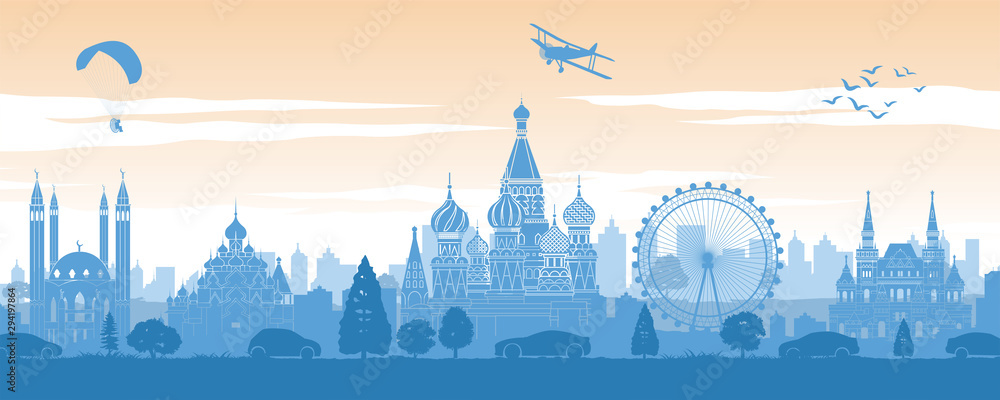 Russia famous landmark in back of car and street in scenery style silhouette design in blue and orange yellow color