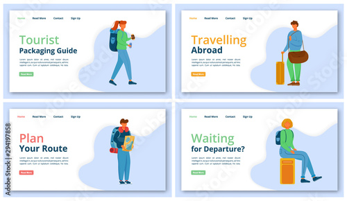 Travel agency landing page vector template set. Vacation trip website interface idea with flat illustrations. Holiday journey homepage layout. Tourism web banner, webpage cartoon concept