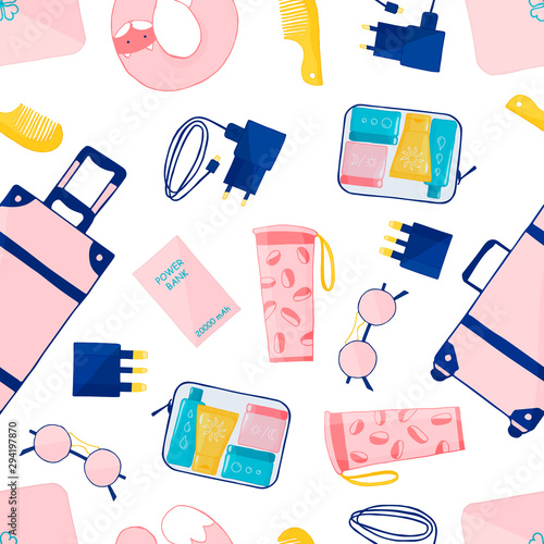 Pink travel kit. Hand drawn seampless pattern. Flat vector illustration.