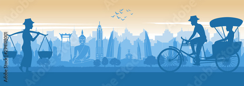 Thailand famous landmark in scenery lifestyle design with blue and orange yellow color in silhouette design