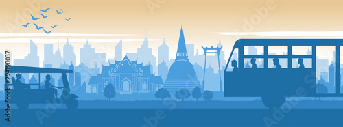 Thailand famous landmark in scenery lifestyle design with blue and orange yellow color in silhouette design