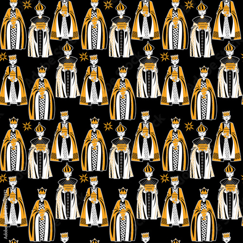 Children in Biblical Magi costumes. Three Wise Men. Three Kings. Seamless background pattern.