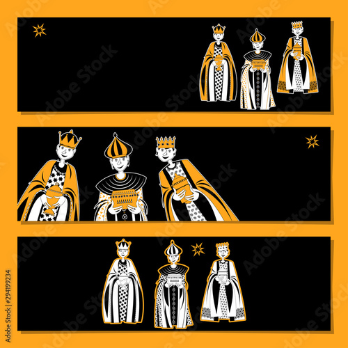Set of 3 universal horizontal banners. Children in Biblical Magi costumes. Three Wise Men. Three Kings.