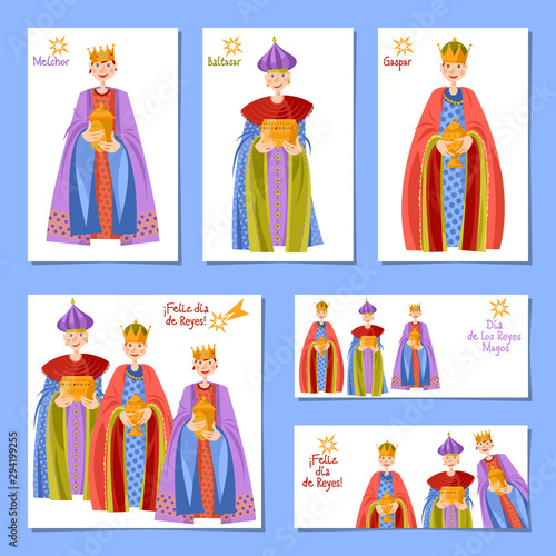 Set of 6 universal Christmas greeting cards with Children in Biblical Magi costumes. Feliz dia de reyes! (Happy Three Kings Day!). Template.
