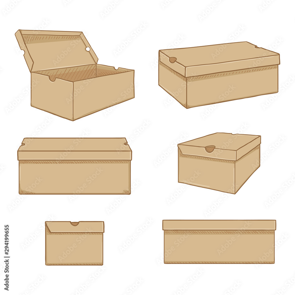 Vector Set of Cartoon Beige Shoe Boxes Illustration. Different Views