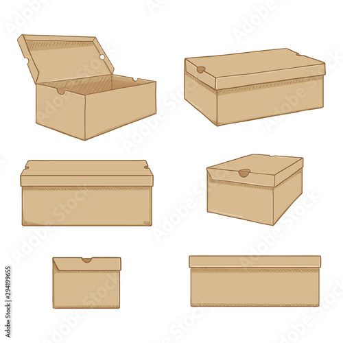 Vector Set of Cartoon Beige Shoe Boxes Illustration. Different Views Variations photo