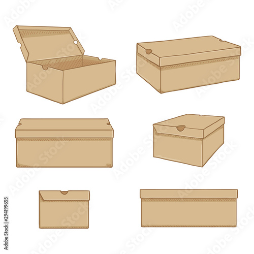 Vector Set of Cartoon Beige Shoe Boxes Illustration. Different Views Variations