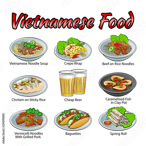 Set of delicious and famous food of Vietnam in colorful gradient design icon