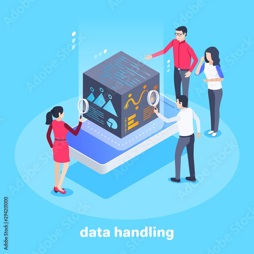 isometric vector image on a blue background, business concept, people are studying information from the screen in the form of a cube on a smartphone, working with financial applications, data handling