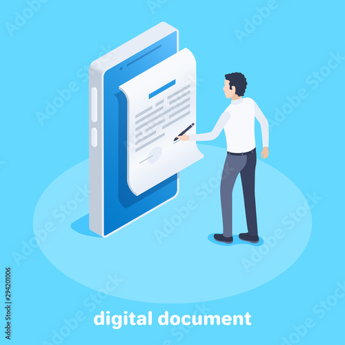 isometric vector image on a blue background, business concept, a man signs a digital document on a smartphone screen