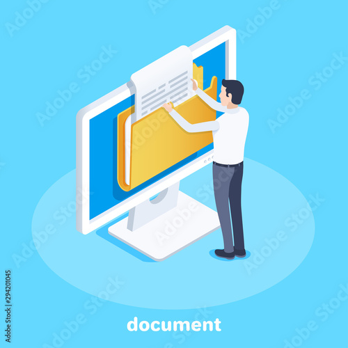 isometric vector image on a blue background, business concept, a man pulls out a document from a folder on a computer screen, office work with documentation