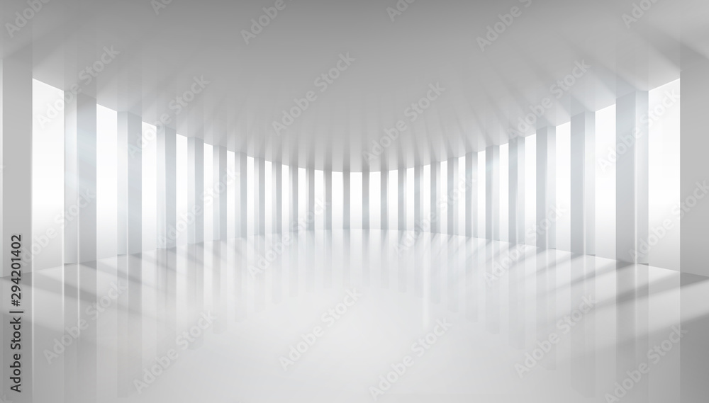 Interior with large windows. Empty hall lit by the rays of the sun. White background. Vector illustration.