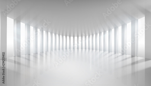 Interior with large windows. Empty hall lit by the rays of the sun. White background. Vector illustration.