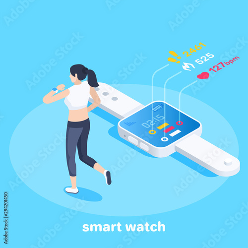 isometric vector image on a blue background, business concept, the girl jogging uses a smart watch, equipment for sports