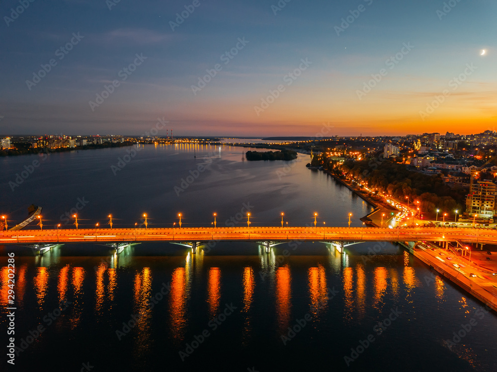 Night summer Voronezh, Chernavsky bridge and Massalitinov embankment, aerial view