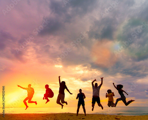 Fototapeta Happy family people group celebrate jump for good life on weekend concept for win victory, person faith in financial freedom healthy wellness, Great insurance team support retreat together in summer