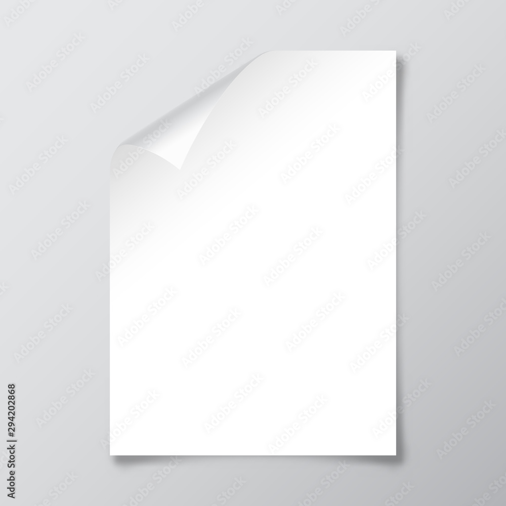 Realistic blank paper sheet with shadow in A4 format. Notebook or book page with curled corner. Vector illustration. Realistic blank paper sheet with shadow in A4 format. Notebook or book page with curled corner. Vector illustration.