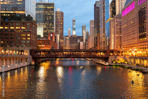 Chicago downtown evening skyline river bridge buildings 2019 September