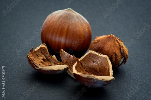 Fresh hazelnuts over black background with soft defocus
