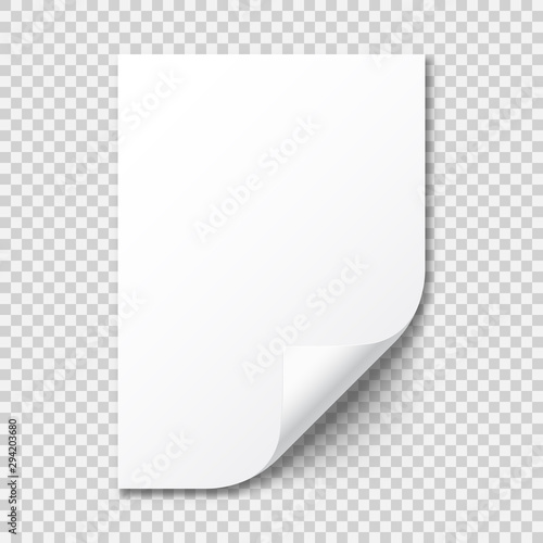 Realistic blank paper sheet with shadow in A4 format on transparent background. Notebook or book page with curled corner. Vector illustration.