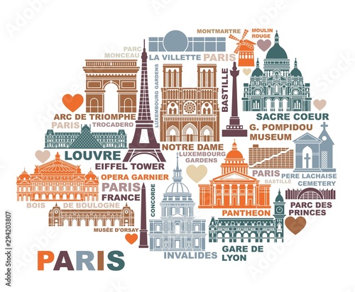 Vector stylized map of Paris with landmarks and symbols of France