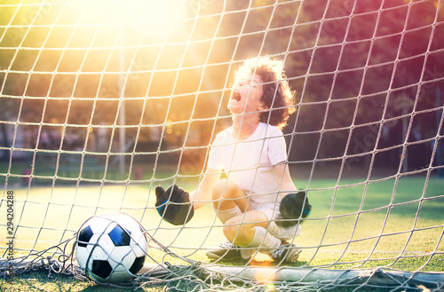 Soccer ball in goal on green grass. Disappointed football team goalkeeper following goals. Goalkeeper emotionally reacts after missed goal during game. Defeat Concept. selective focus