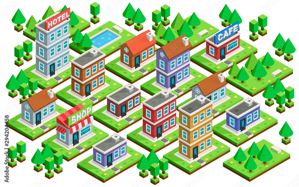 Fototapeta premium Big isometric set of buildings and houses. Infrastructure. Vector illustration.