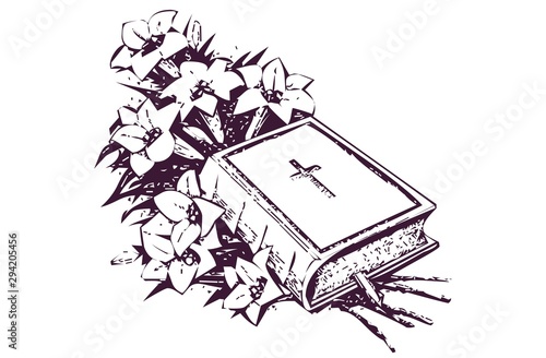 Bible drawing with flowers. background for the book.