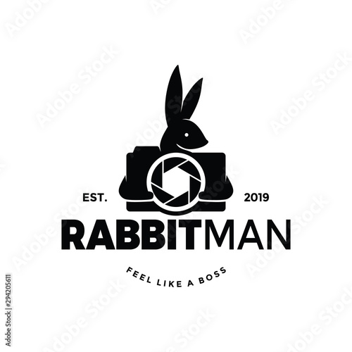 Animal bring lens of camera logo vector. Photographer and videographer, fauna head with human body like a happy young guy. vintage rustic grunge look. can apply to icon and wall paper back decoration