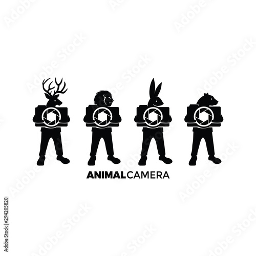 Animal bring lens of camera logo set vector. Photographer and videographer, fauna head with human body like happy young guy. vintage rustic grunge look can apply to icon and wall paper back decoration
