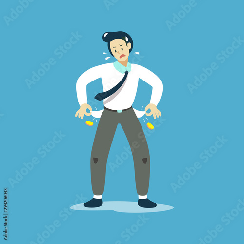 Vector illustration of poor businessman showing his empty pockets for design.