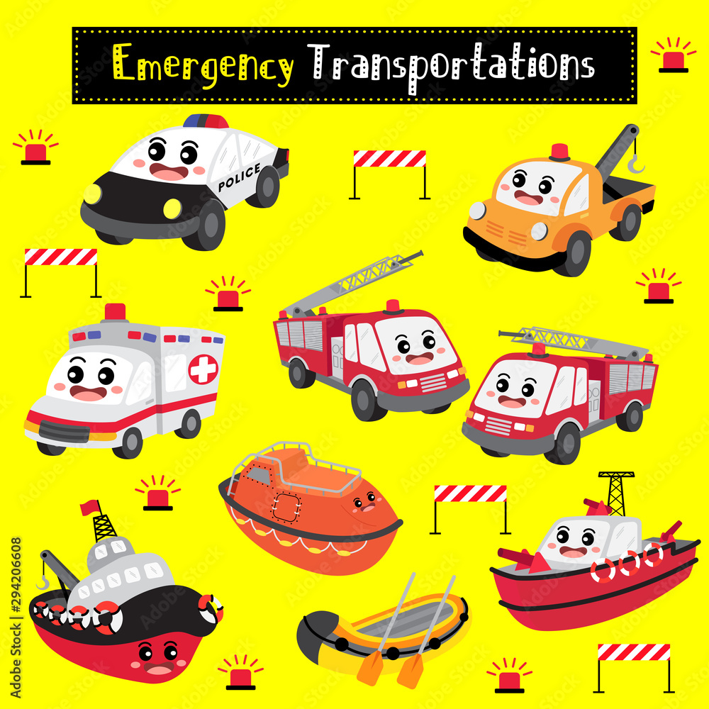 Emergency Transportations cartoon set in perspective view vector illustration Emergency Transportations cartoon set in perspective view vector illustration