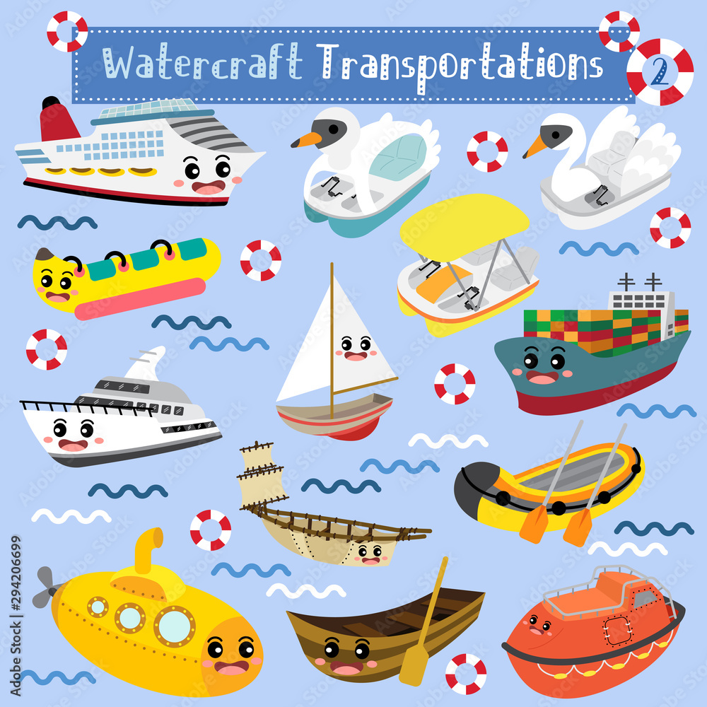 Watercraft Transportations cartoon set in perspective view vector illustration set 2 - obrazy, fototapety, plakaty 