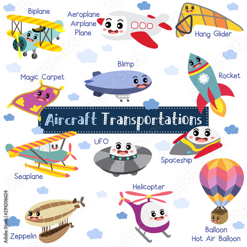 Aircraft Transportations cartoon set with vehicles name vector illustration