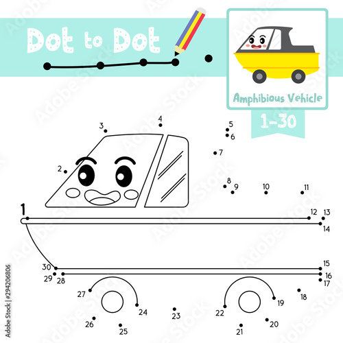 Dot to dot educational game and Coloring book Amphibious Vehicle cartoon character side view vector illustration