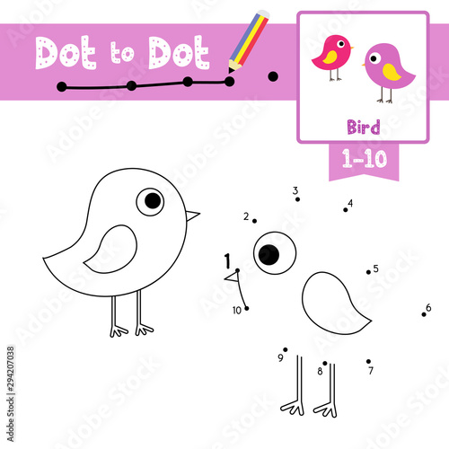Dot to dot educational game and Coloring book Standing Bird animal cartoon character vector illustration