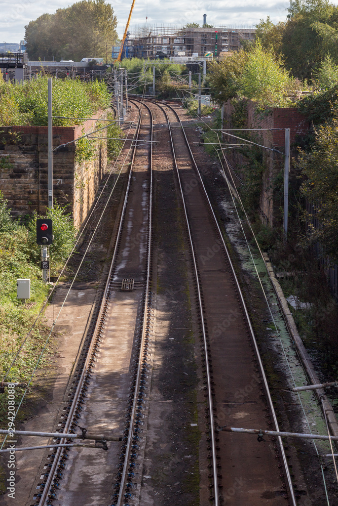 High angle of two railway lines in Glasgow High angle of two railway lines in Glasgow