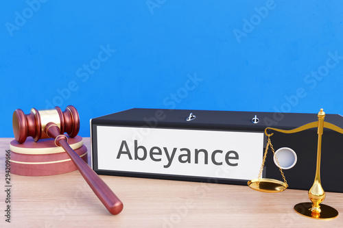 Obraz na plátně Abeyance – Folder with labeling, gavel and libra – law, judgement, lawyer