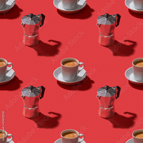 Espresso and moka pot  on red background seamless pattern stock photo