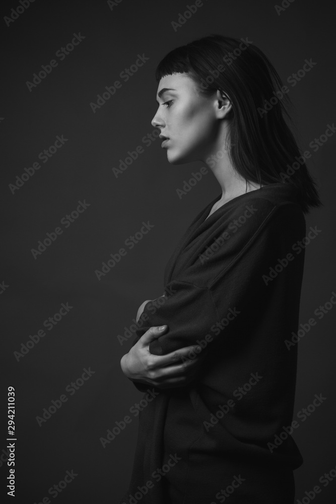 Young woman in profile. Black and white Young woman in profile. Black and white