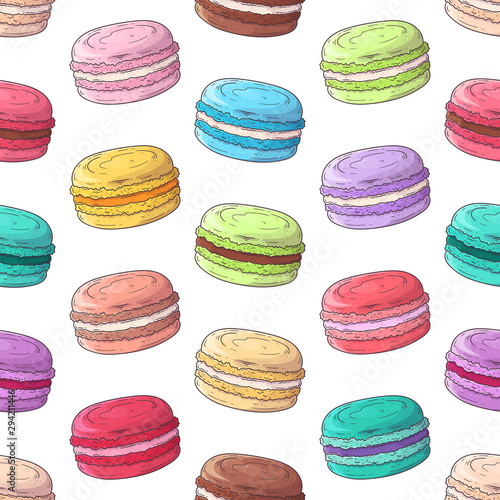 Hand drawn pattern french dessert macaroons Vector.