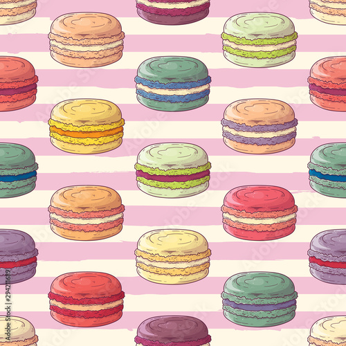 Hand drawn pattern french dessert macaroons Vector.