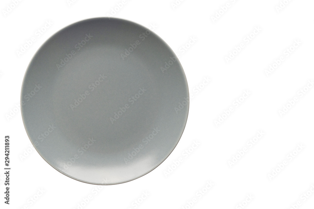 Gray ceramic plate on a white background. Isolate for creating menus and titles. Gray ceramic plate on a white background. Isolate for creating menus and titles.
