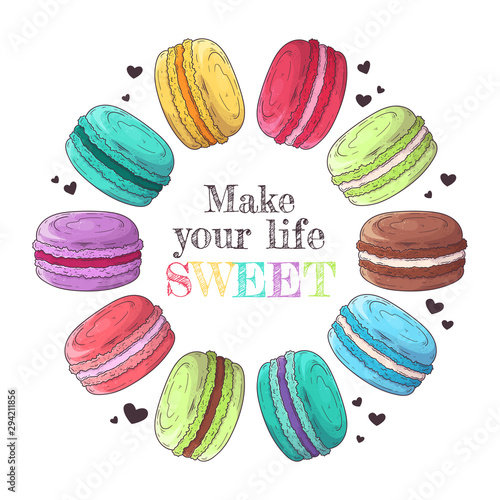 Hand drawn french illustration dessert macaroons Vector.