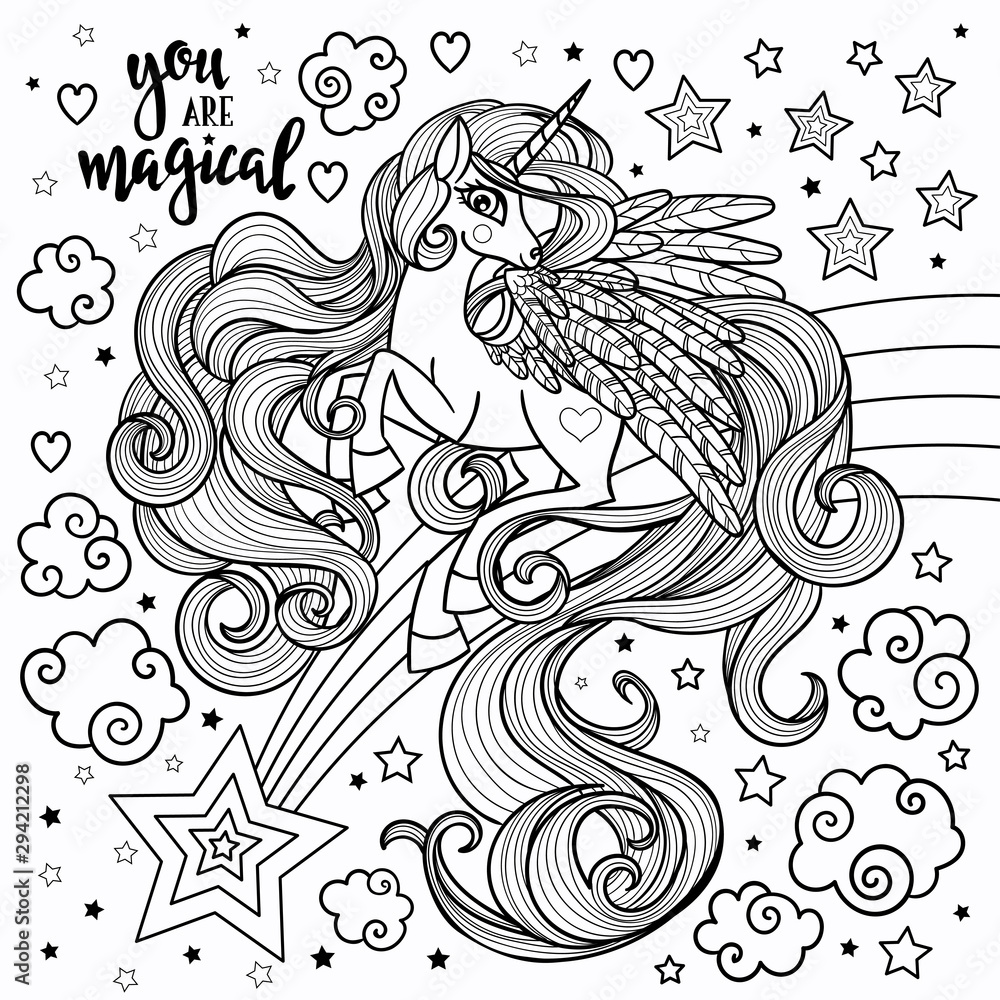 Hand drawn black and white image for coloring. Unicorn with a long mane. Vector