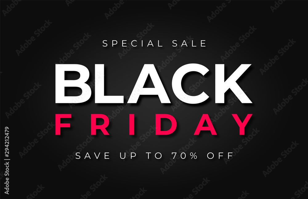 Black Friday sale. Red and white text on dark luxury background. Black Friday promotion and advertising, special offer and sale. Banner and background, brochure and flyer design concept